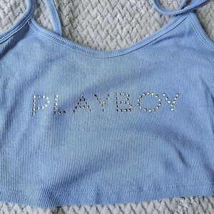 Playboy x PacSun Blue Ribbed Rhinestone Logo Crop Tank Top XS NWT